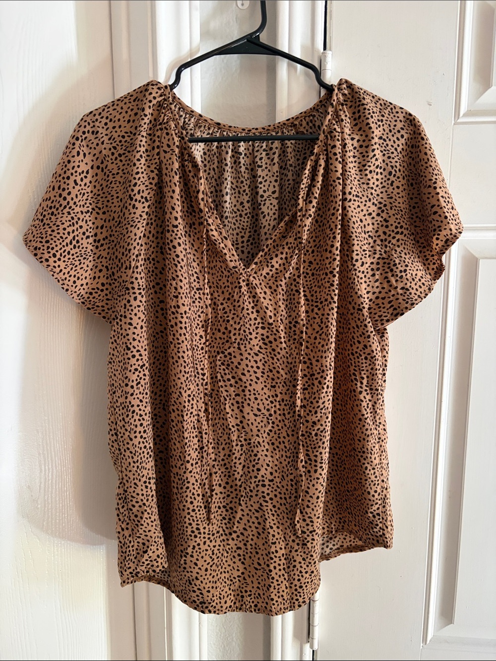 SHEIN Brown Dot V-Neck Tie Blouse